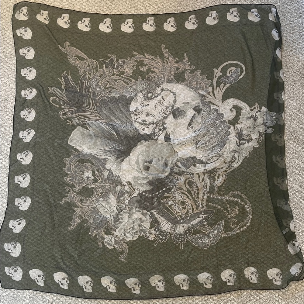 Topshop Olive Green Floral & Skull Print Square Scarf